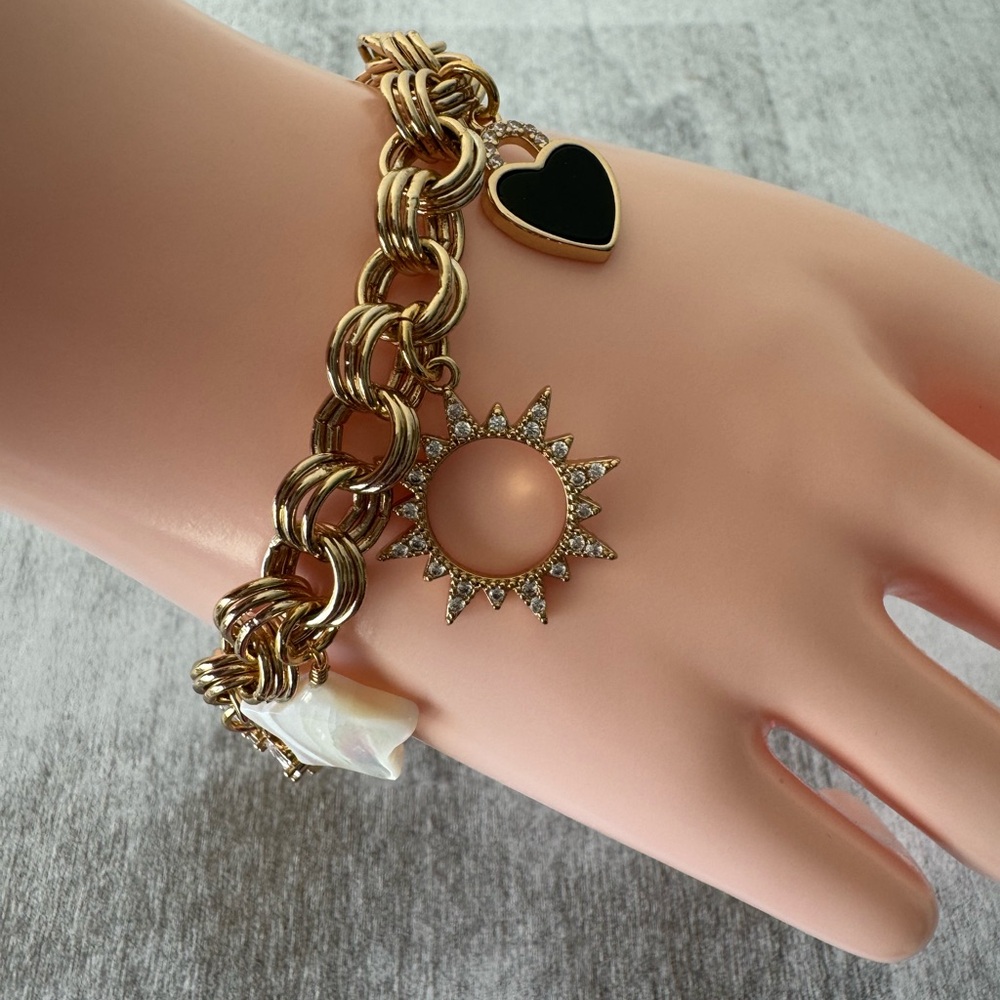 ! Luna Norte Icon Toggle Brass Bracelet Gold Color Onyx & Mother of Pearl Charms